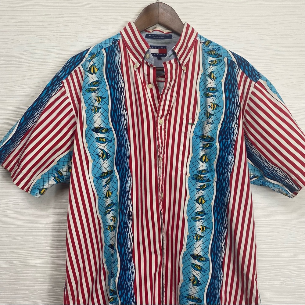 Vintage Tommy Hilfiger Red, White & Blue Fish Button Down - Picture 3 of 10